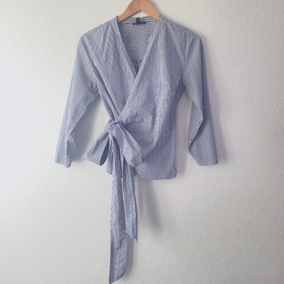 J. Crew Blue and White Striped Cotton Wrap Top Size XS | Old Money | Classic - - Picture 2 of 8